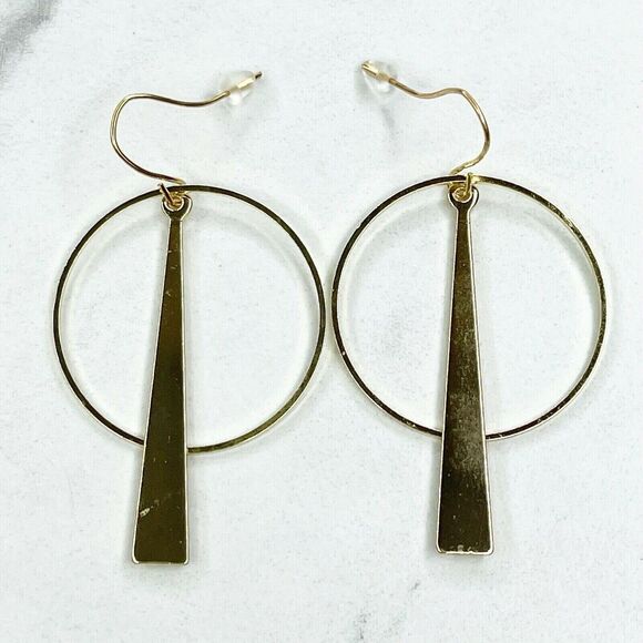Gold Tone Hoop Triangle Dangle Earrings Pierced Pair - Picture 1 of 5